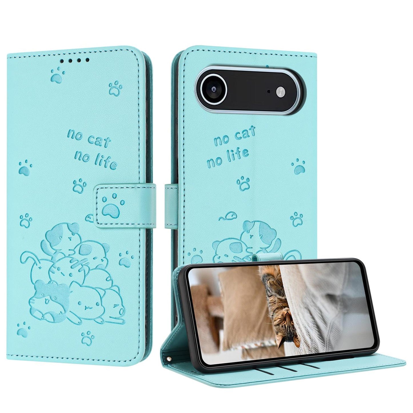 Apple iPhone Air Embossed Kitten PU Leather Wallet Case with Card Slots, Cash Pocket, Kickstand Function, Wrist Lanyard Strap, Full Protective TPU Flip Cover