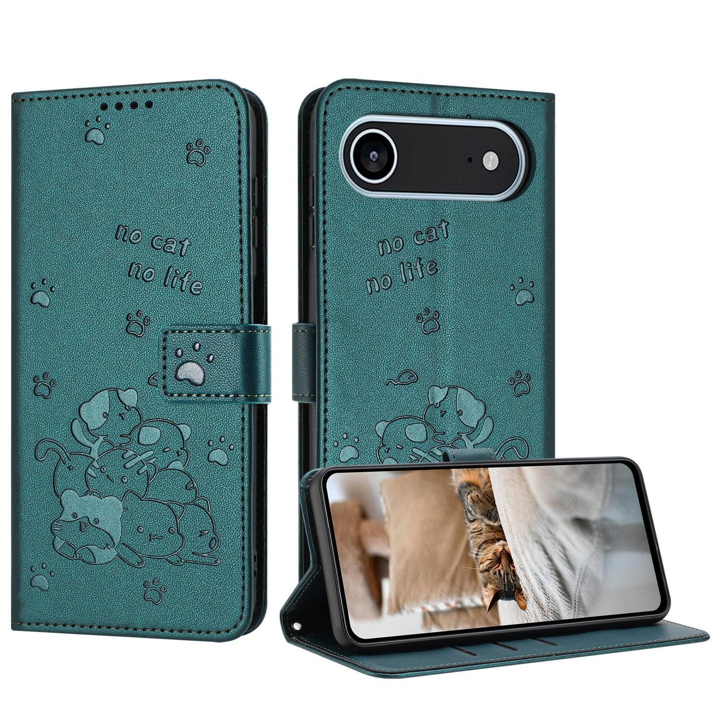 Apple iPhone Air Embossed Kitten PU Leather Wallet Case with Card Slots, Cash Pocket, Kickstand Function, Wrist Lanyard Strap, Full Protective TPU Flip Cover