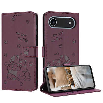 Apple iPhone Air Embossed Kitten PU Leather Wallet Case with Card Slots, Cash Pocket, Kickstand Function, Wrist Lanyard Strap, Full Protective TPU Flip Cover