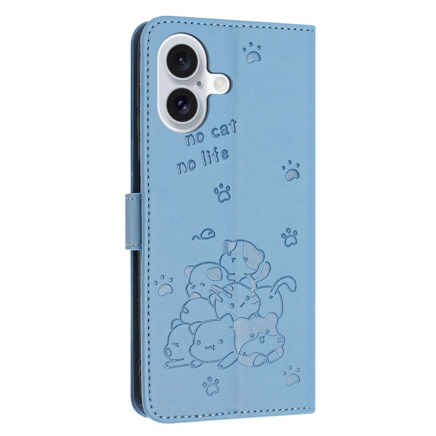 Apple iPhone 17 Embossed Kitten PU Leather Wallet Case with Card Slots, Cash Pocket, Kickstand Function, Wrist Lanyard Strap, Full Protective TPU Flip Cover