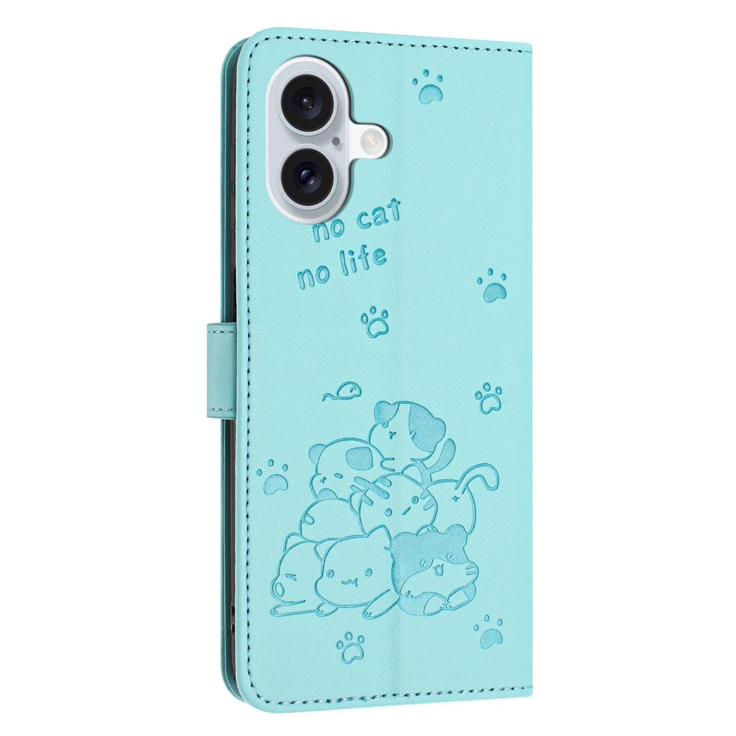 Apple iPhone 17 Embossed Kitten PU Leather Wallet Case with Card Slots, Cash Pocket, Kickstand Function, Wrist Lanyard Strap, Full Protective TPU Flip Cover