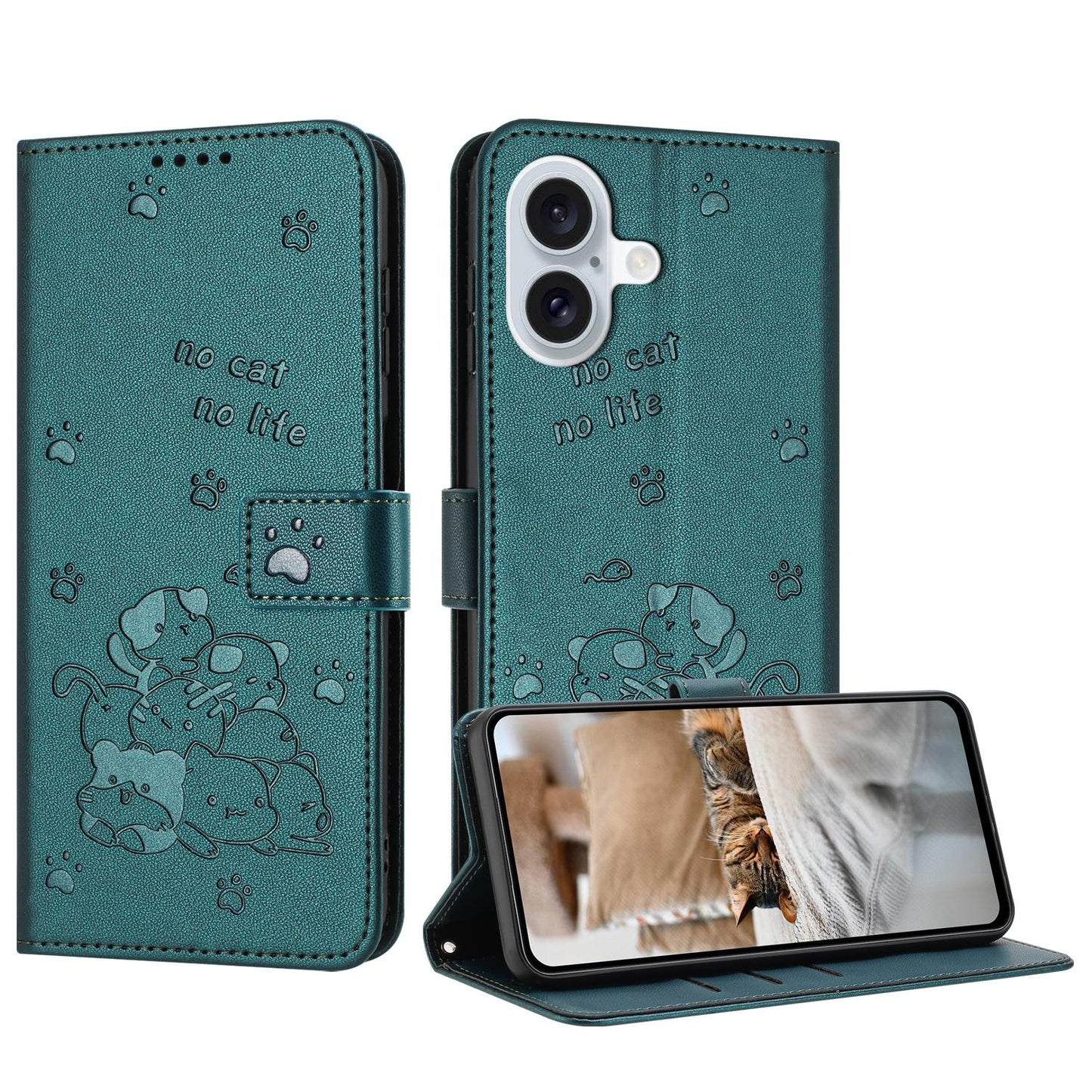 Apple iPhone 17 Embossed Kitten PU Leather Wallet Case with Card Slots, Cash Pocket, Kickstand Function, Wrist Lanyard Strap, Full Protective TPU Flip Cover