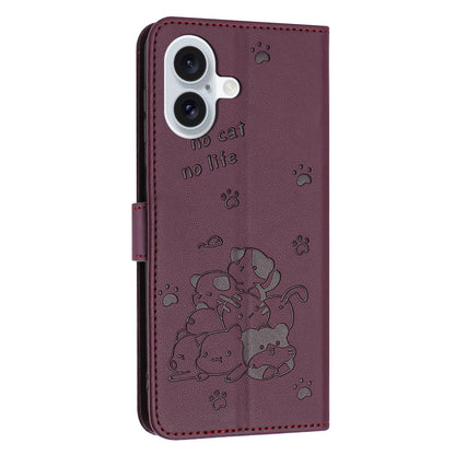 Apple iPhone 17 Embossed Kitten PU Leather Wallet Case with Card Slots, Cash Pocket, Kickstand Function, Wrist Lanyard Strap, Full Protective TPU Flip Cover