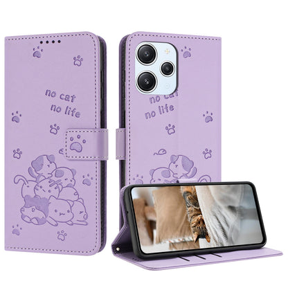 Xiaomi Poco M6 Pro 5G Embossed Kitten PU Leather Wallet Case with Card Slots, Cash Pocket, Kickstand Function, Wrist Lanyard Strap, Full Protective TPU Flip Cover