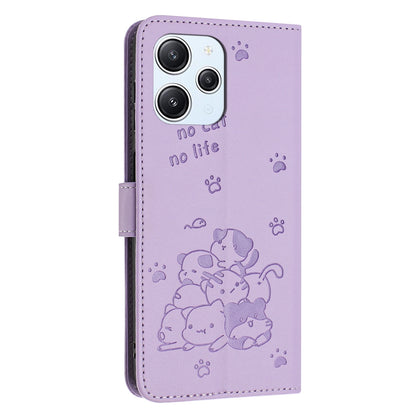 Xiaomi Poco M6 Pro 5G Embossed Kitten PU Leather Wallet Case with Card Slots, Cash Pocket, Kickstand Function, Wrist Lanyard Strap, Full Protective TPU Flip Cover