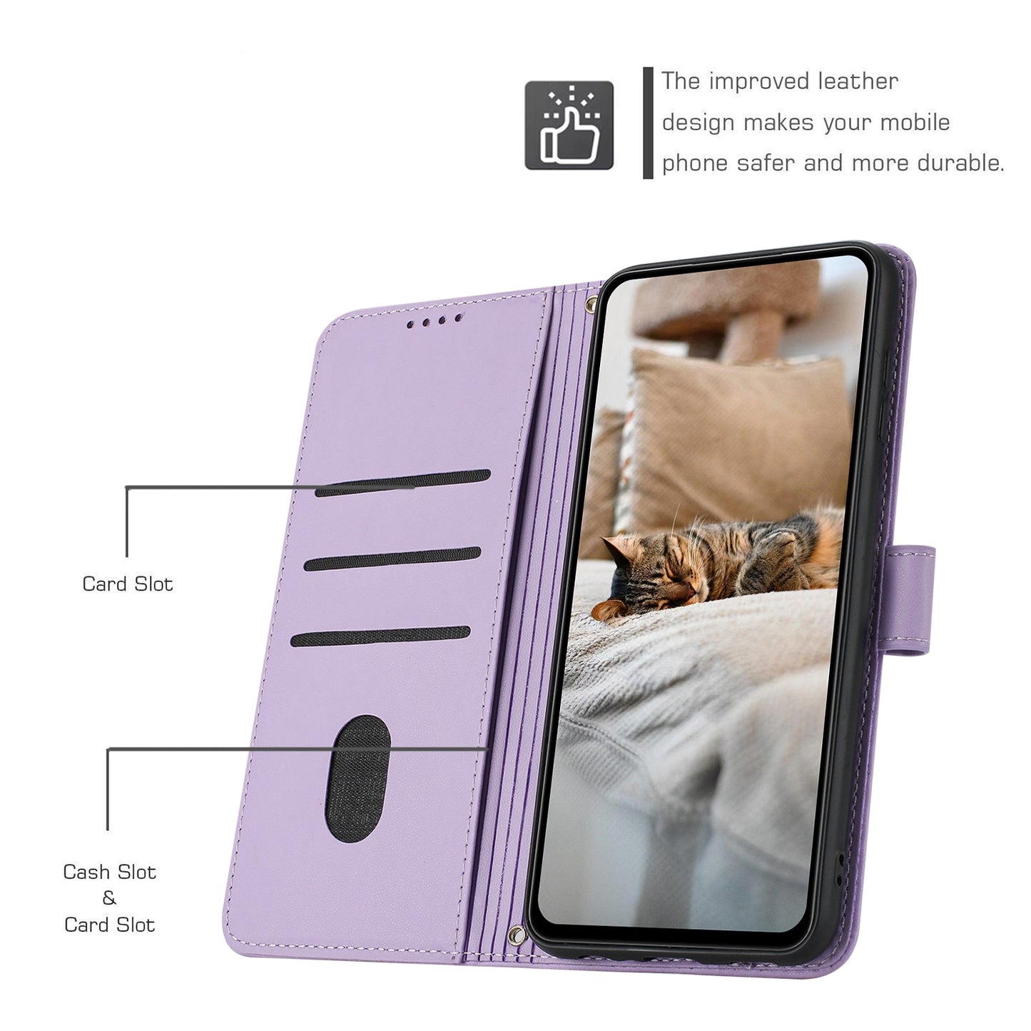 Xiaomi Poco M6 Pro 5G Embossed Kitten PU Leather Wallet Case with Card Slots, Cash Pocket, Kickstand Function, Wrist Lanyard Strap, Full Protective TPU Flip Cover