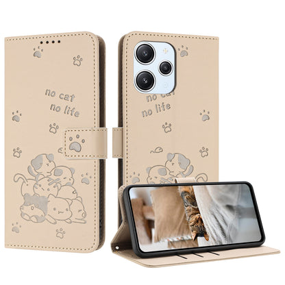 Xiaomi Poco M6 Pro 5G Embossed Kitten PU Leather Wallet Case with Card Slots, Cash Pocket, Kickstand Function, Wrist Lanyard Strap, Full Protective TPU Flip Cover