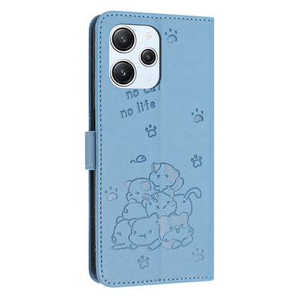 Xiaomi Poco M6 Pro 5G Embossed Kitten PU Leather Wallet Case with Card Slots, Cash Pocket, Kickstand Function, Wrist Lanyard Strap, Full Protective TPU Flip Cover