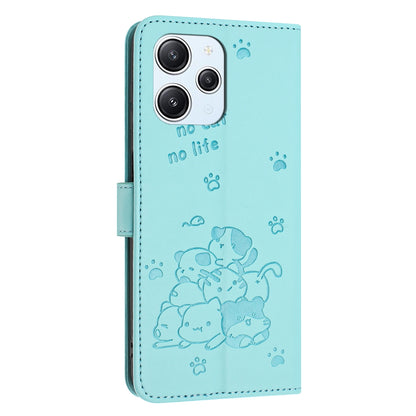 Xiaomi Poco M6 Pro 5G Embossed Kitten PU Leather Wallet Case with Card Slots, Cash Pocket, Kickstand Function, Wrist Lanyard Strap, Full Protective TPU Flip Cover