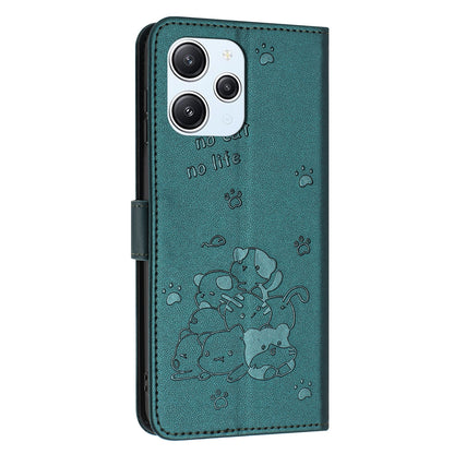 Xiaomi Poco M6 Pro 5G Embossed Kitten PU Leather Wallet Case with Card Slots, Cash Pocket, Kickstand Function, Wrist Lanyard Strap, Full Protective TPU Flip Cover