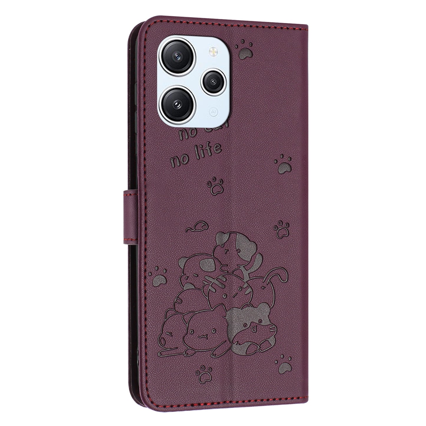 Xiaomi Poco M6 Pro 5G Embossed Kitten PU Leather Wallet Case with Card Slots, Cash Pocket, Kickstand Function, Wrist Lanyard Strap, Full Protective TPU Flip Cover
