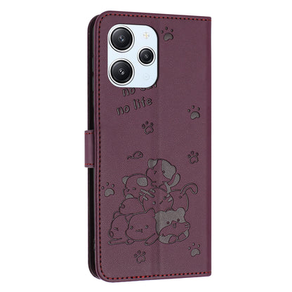 Xiaomi Poco M6 Pro 5G Embossed Kitten PU Leather Wallet Case with Card Slots, Cash Pocket, Kickstand Function, Wrist Lanyard Strap, Full Protective TPU Flip Cover