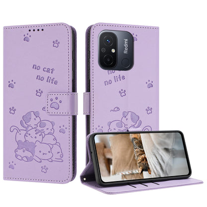 Xiaomi Poco C55 Embossed Kitten PU Leather Wallet Case with Card Slots, Cash Pocket, Kickstand Function, Wrist Lanyard Strap, Full Protective TPU Flip Cover