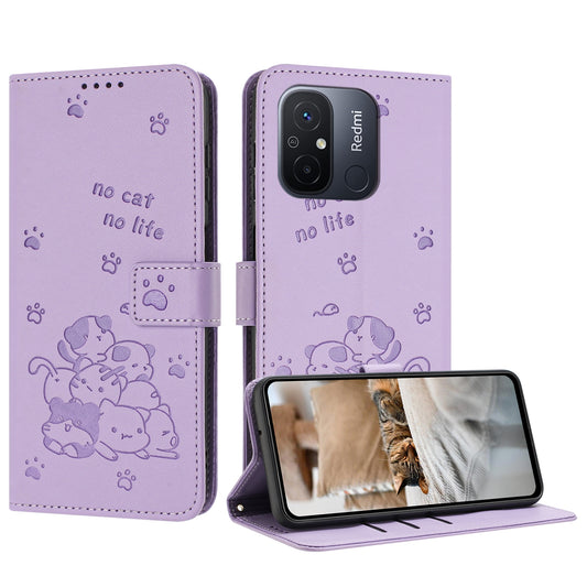 Xiaomi Poco C55 Embossed Kitten PU Leather Wallet Case with Card Slots, Cash Pocket, Kickstand Function, Wrist Lanyard Strap, Full Protective TPU Flip Cover