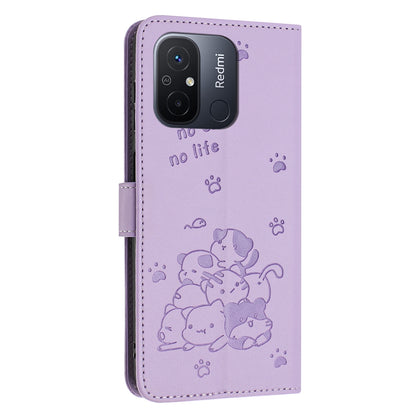 Xiaomi Poco C55 Embossed Kitten PU Leather Wallet Case with Card Slots, Cash Pocket, Kickstand Function, Wrist Lanyard Strap, Full Protective TPU Flip Cover