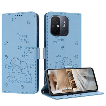 Xiaomi Poco C55 Embossed Kitten PU Leather Wallet Case with Card Slots, Cash Pocket, Kickstand Function, Wrist Lanyard Strap, Full Protective TPU Flip Cover