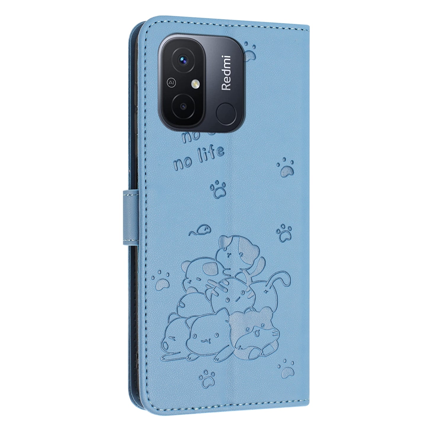 Xiaomi Poco C55 Embossed Kitten PU Leather Wallet Case with Card Slots, Cash Pocket, Kickstand Function, Wrist Lanyard Strap, Full Protective TPU Flip Cover