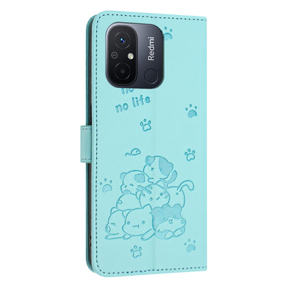 Xiaomi Poco C55 Embossed Kitten PU Leather Wallet Case with Card Slots, Cash Pocket, Kickstand Function, Wrist Lanyard Strap, Full Protective TPU Flip Cover