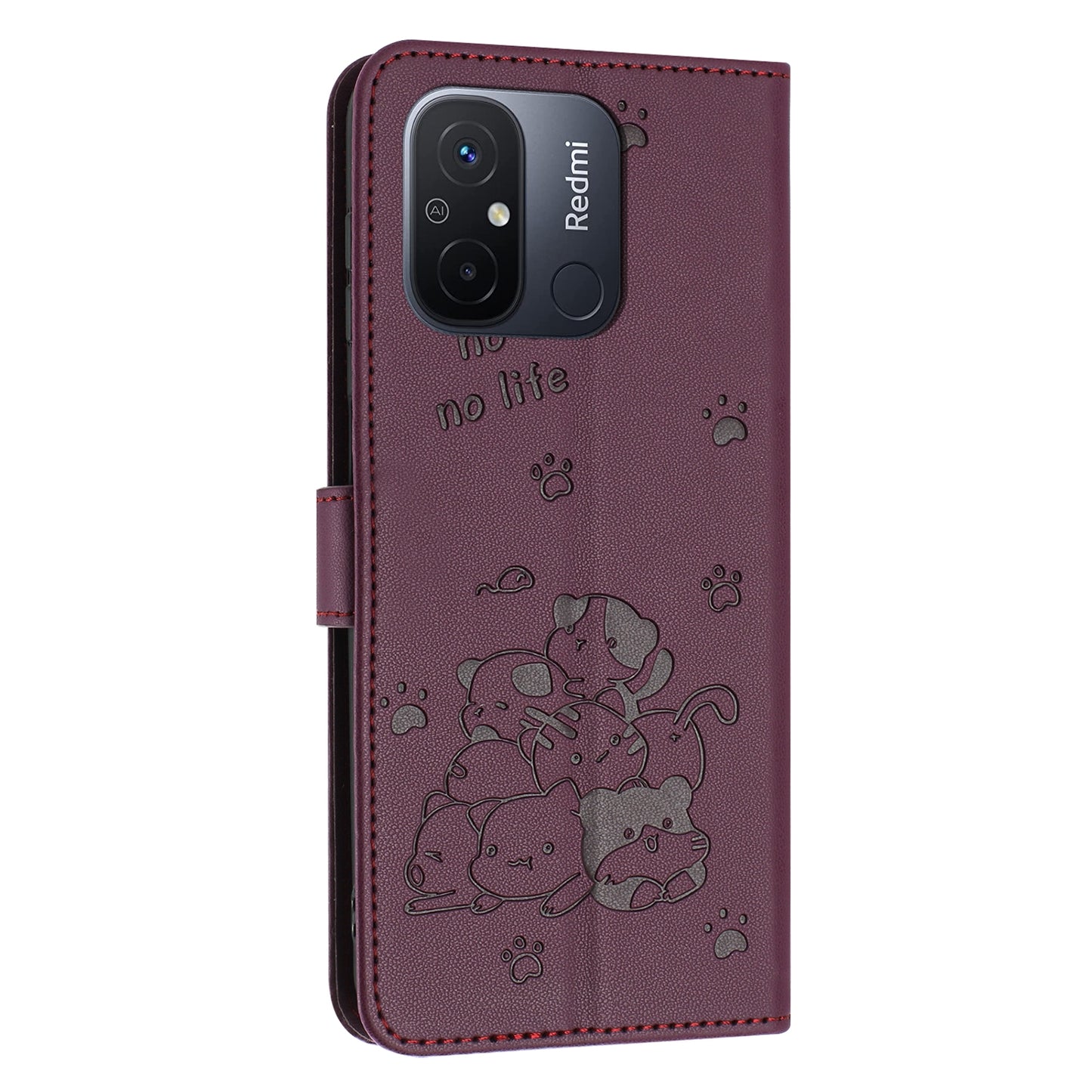 Xiaomi Poco C55 Embossed Kitten PU Leather Wallet Case with Card Slots, Cash Pocket, Kickstand Function, Wrist Lanyard Strap, Full Protective TPU Flip Cover