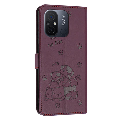 Xiaomi Poco C55 Embossed Kitten PU Leather Wallet Case with Card Slots, Cash Pocket, Kickstand Function, Wrist Lanyard Strap, Full Protective TPU Flip Cover