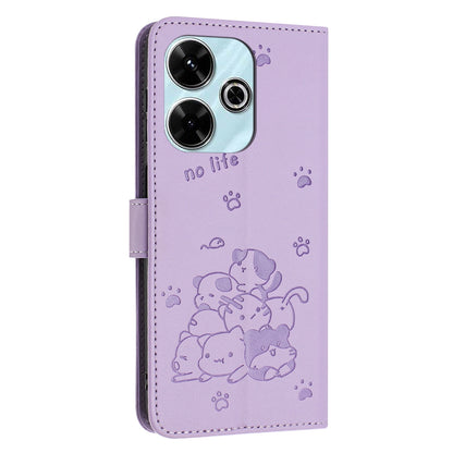 Xiaomi Poco M6 4G Embossed Kitten PU Leather Wallet Case with Card Slots, Cash Pocket, Kickstand Function, Wrist Lanyard Strap, Full Protective TPU Flip Cover