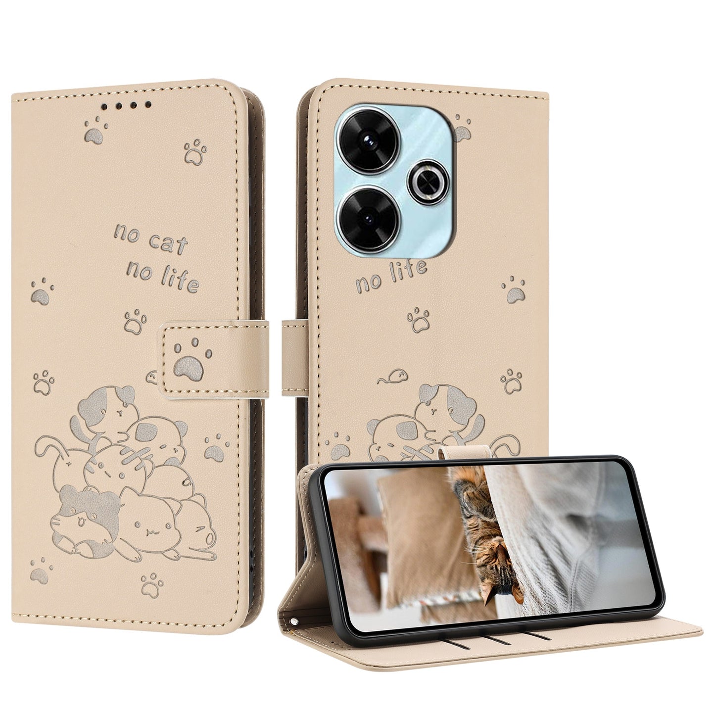 Xiaomi Poco M6 4G Embossed Kitten PU Leather Wallet Case with Card Slots, Cash Pocket, Kickstand Function, Wrist Lanyard Strap, Full Protective TPU Flip Cover