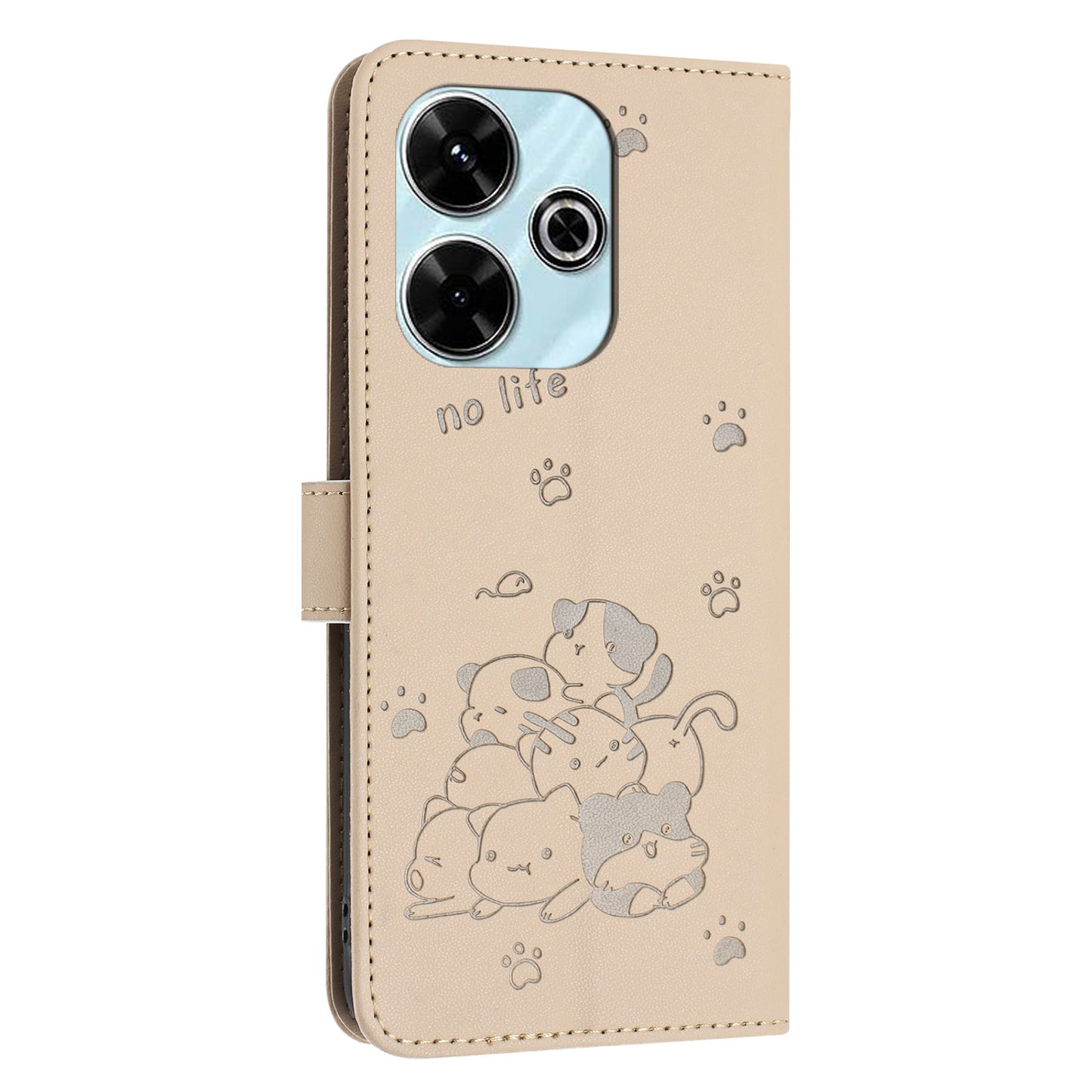 Xiaomi Poco M6 4G Embossed Kitten PU Leather Wallet Case with Card Slots, Cash Pocket, Kickstand Function, Wrist Lanyard Strap, Full Protective TPU Flip Cover