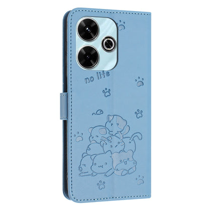 Xiaomi Poco M6 4G Embossed Kitten PU Leather Wallet Case with Card Slots, Cash Pocket, Kickstand Function, Wrist Lanyard Strap, Full Protective TPU Flip Cover