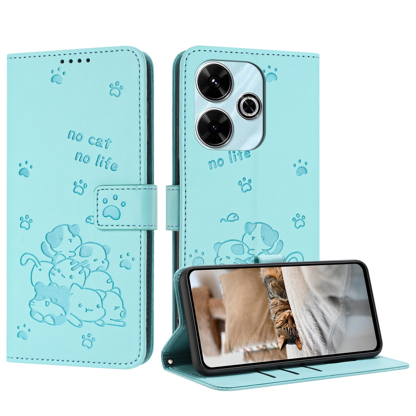 Xiaomi Poco M6 4G Embossed Kitten PU Leather Wallet Case with Card Slots, Cash Pocket, Kickstand Function, Wrist Lanyard Strap, Full Protective TPU Flip Cover