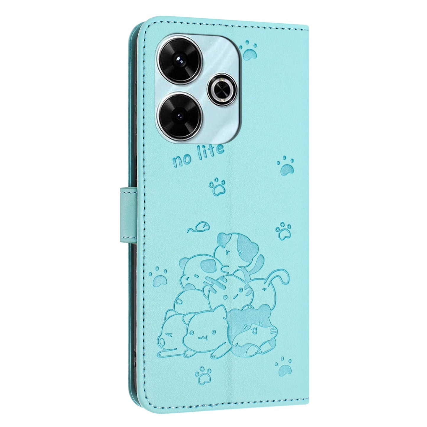 Xiaomi Poco M6 4G Embossed Kitten PU Leather Wallet Case with Card Slots, Cash Pocket, Kickstand Function, Wrist Lanyard Strap, Full Protective TPU Flip Cover