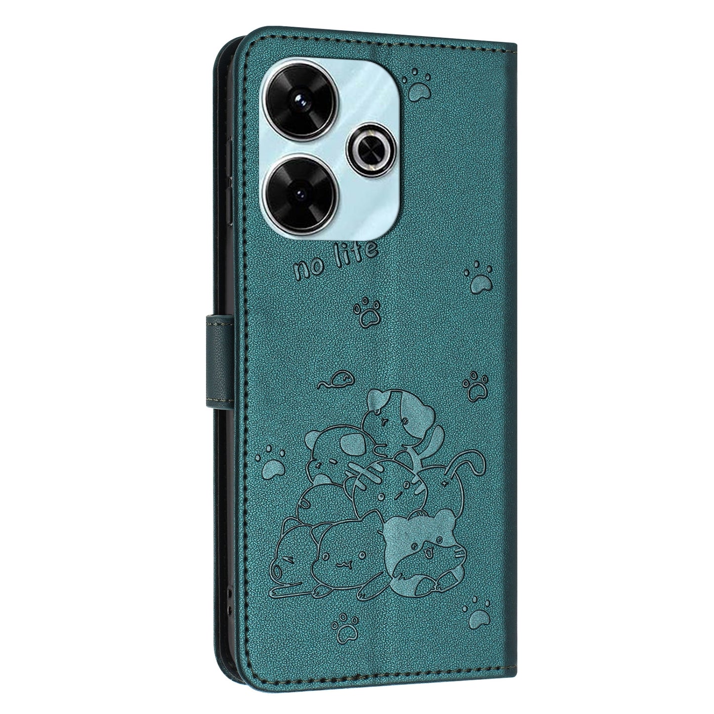Xiaomi Poco M6 4G Embossed Kitten PU Leather Wallet Case with Card Slots, Cash Pocket, Kickstand Function, Wrist Lanyard Strap, Full Protective TPU Flip Cover