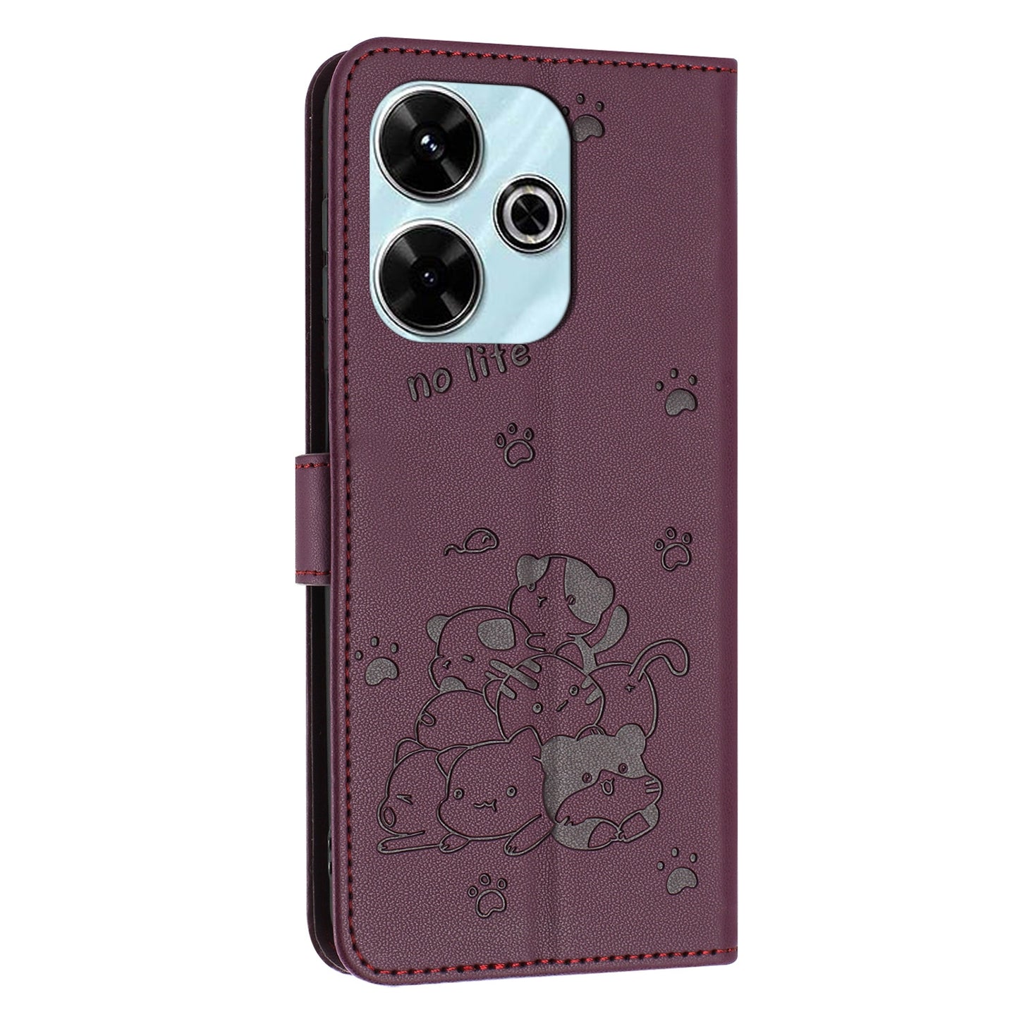 Xiaomi Poco M6 4G Embossed Kitten PU Leather Wallet Case with Card Slots, Cash Pocket, Kickstand Function, Wrist Lanyard Strap, Full Protective TPU Flip Cover