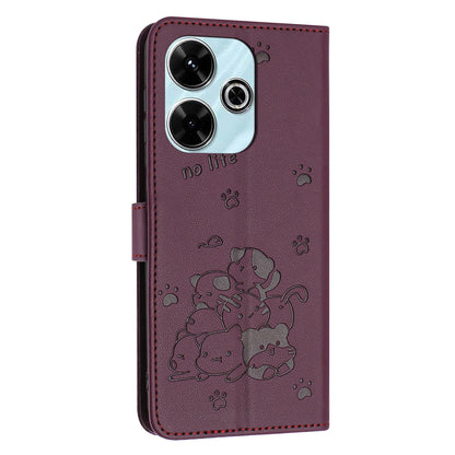 Xiaomi Poco M6 4G Embossed Kitten PU Leather Wallet Case with Card Slots, Cash Pocket, Kickstand Function, Wrist Lanyard Strap, Full Protective TPU Flip Cover