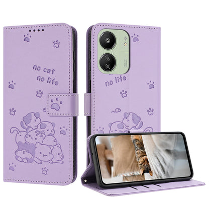 Xiaomi Poco C65 Embossed Kitten PU Leather Wallet Case with Card Slots, Cash Pocket, Kickstand Function, Wrist Lanyard Strap, Full Protective TPU Flip Cover