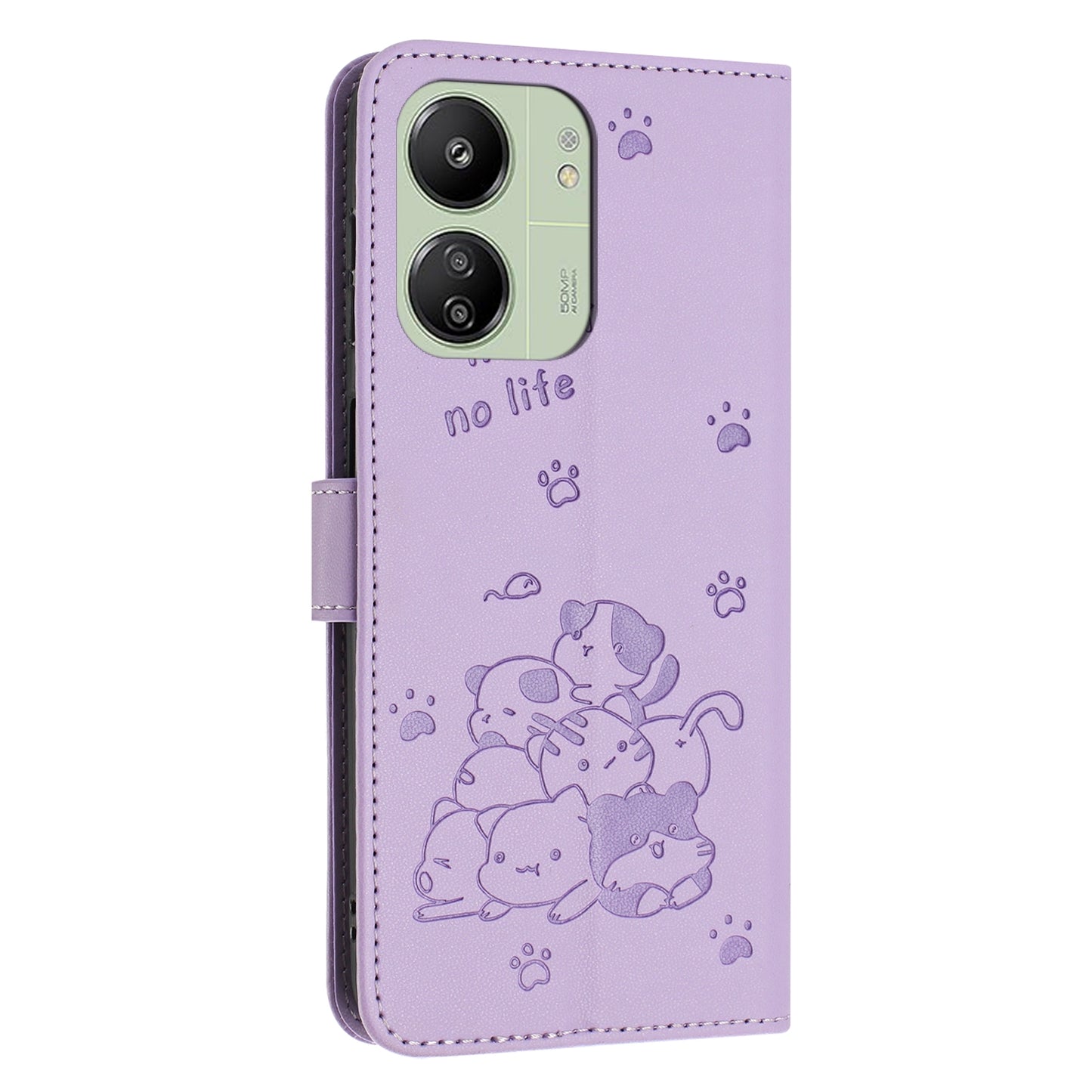 Xiaomi Poco C65 Embossed Kitten PU Leather Wallet Case with Card Slots, Cash Pocket, Kickstand Function, Wrist Lanyard Strap, Full Protective TPU Flip Cover