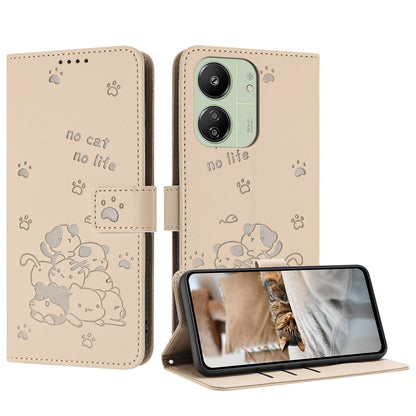 Xiaomi Poco M6 5G Embossed Kitten PU Leather Wallet Case with Card Slots, Cash Pocket, Kickstand Function, Wrist Lanyard Strap, Full Protective TPU Flip Cover