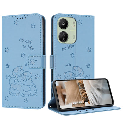 Xiaomi Poco M6 5G Embossed Kitten PU Leather Wallet Case with Card Slots, Cash Pocket, Kickstand Function, Wrist Lanyard Strap, Full Protective TPU Flip Cover
