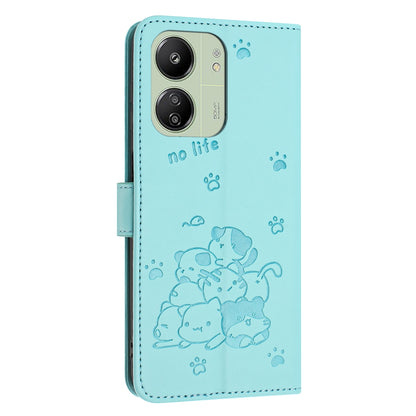 Xiaomi Poco C65 Embossed Kitten PU Leather Wallet Case with Card Slots, Cash Pocket, Kickstand Function, Wrist Lanyard Strap, Full Protective TPU Flip Cover