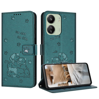 Xiaomi Poco C65 Embossed Kitten PU Leather Wallet Case with Card Slots, Cash Pocket, Kickstand Function, Wrist Lanyard Strap, Full Protective TPU Flip Cover