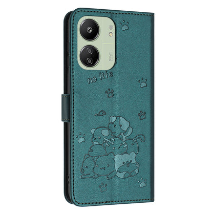 Xiaomi Poco M6 5G Embossed Kitten PU Leather Wallet Case with Card Slots, Cash Pocket, Kickstand Function, Wrist Lanyard Strap, Full Protective TPU Flip Cover