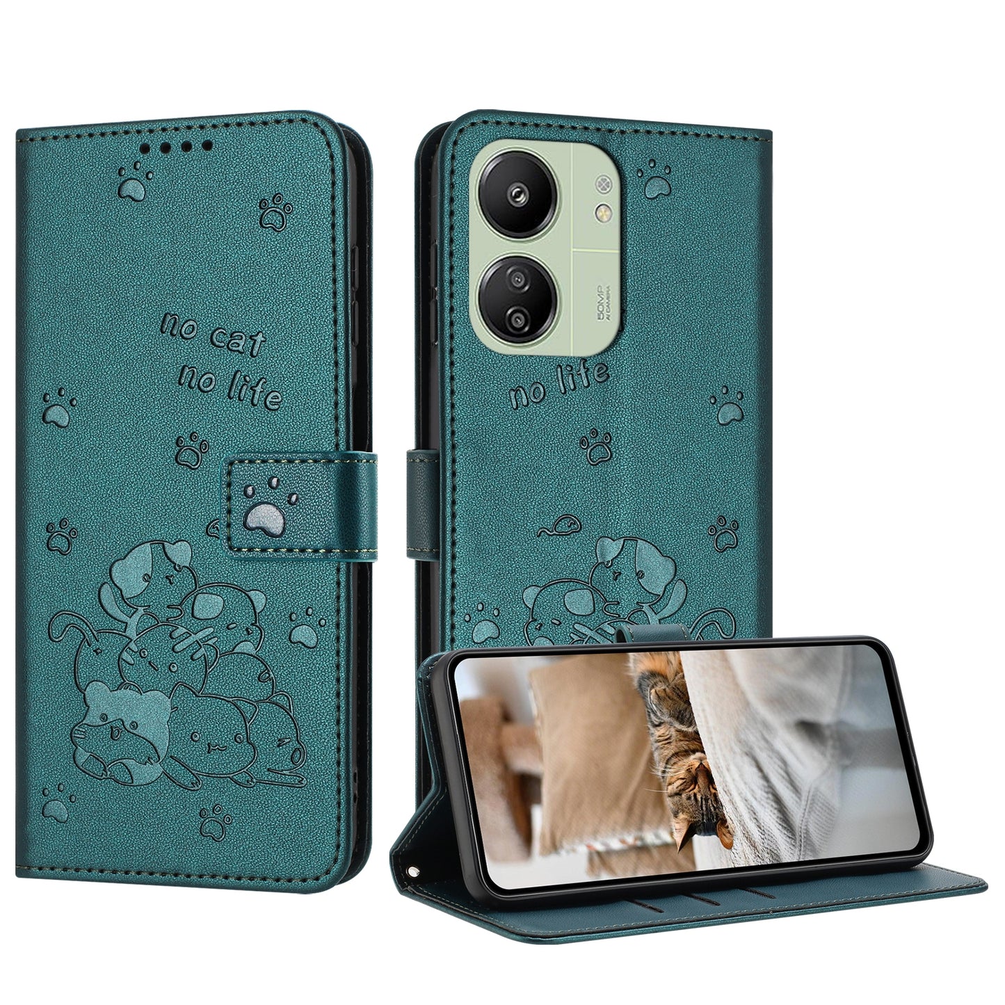Xiaomi Poco M6 5G Embossed Kitten PU Leather Wallet Case with Card Slots, Cash Pocket, Kickstand Function, Wrist Lanyard Strap, Full Protective TPU Flip Cover
