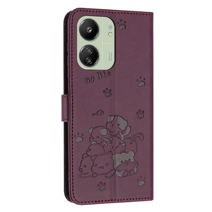Xiaomi Poco C65 Embossed Kitten PU Leather Wallet Case with Card Slots, Cash Pocket, Kickstand Function, Wrist Lanyard Strap, Full Protective TPU Flip Cover