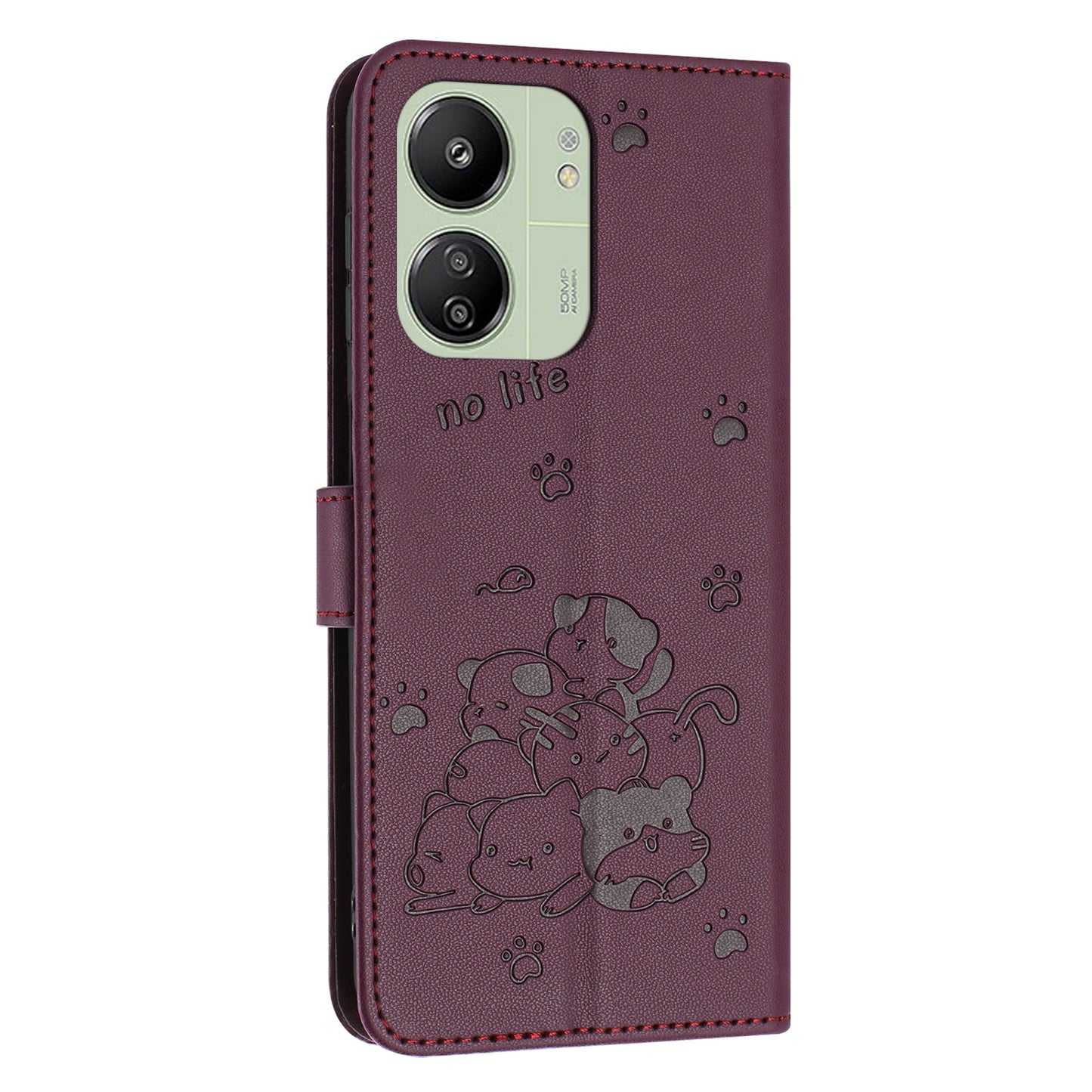 Xiaomi Poco M6 5G Embossed Kitten PU Leather Wallet Case with Card Slots, Cash Pocket, Kickstand Function, Wrist Lanyard Strap, Full Protective TPU Flip Cover