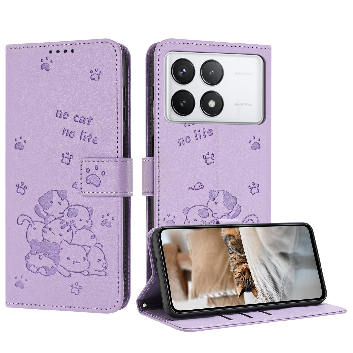 Xiaomi Poco F6 Pro 5G Embossed Kitten PU Leather Wallet Case with Card Slots, Cash Pocket, Kickstand Function, Wrist Lanyard Strap, Full Protective TPU Flip Cover