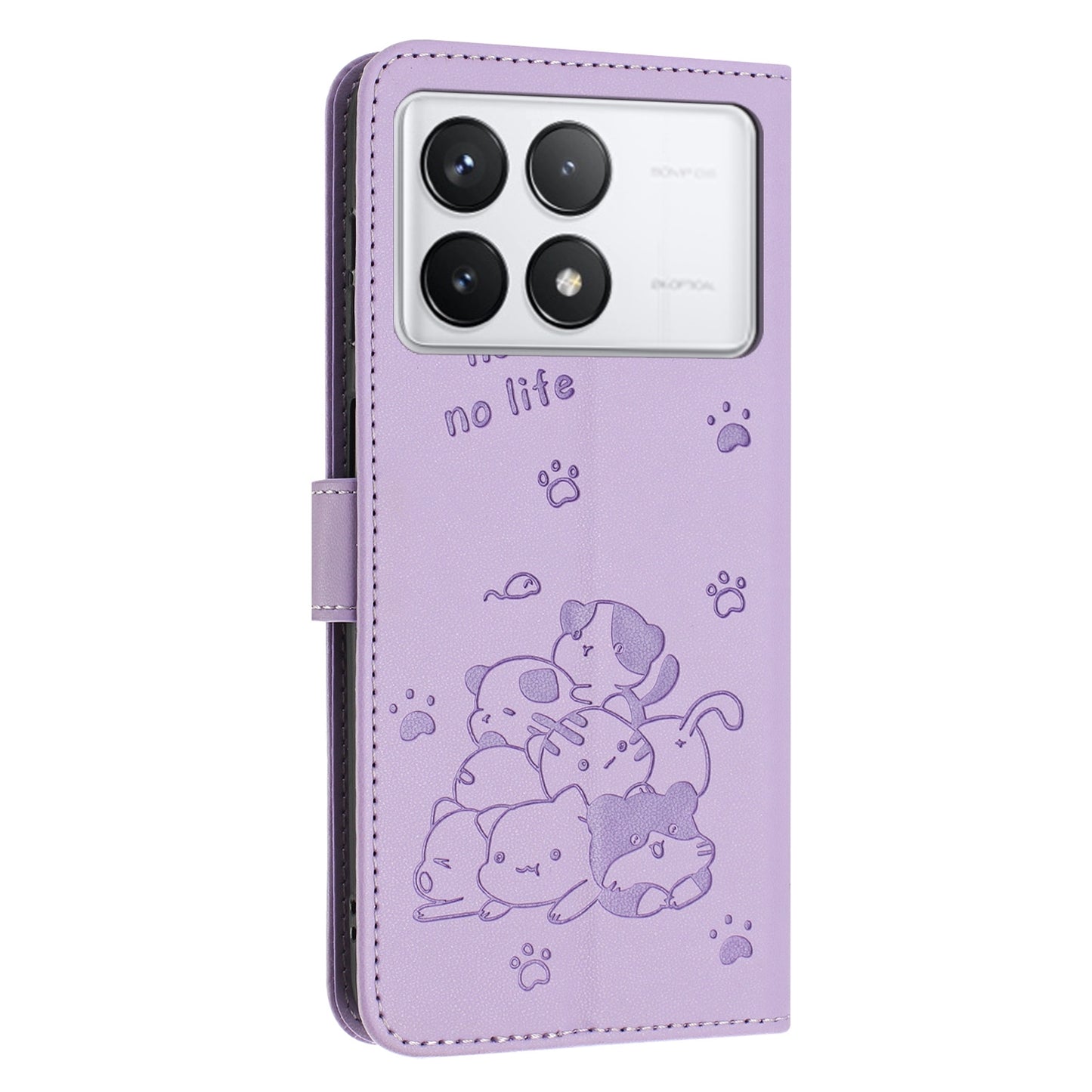 Xiaomi Poco F6 Pro 5G Embossed Kitten PU Leather Wallet Case with Card Slots, Cash Pocket, Kickstand Function, Wrist Lanyard Strap, Full Protective TPU Flip Cover