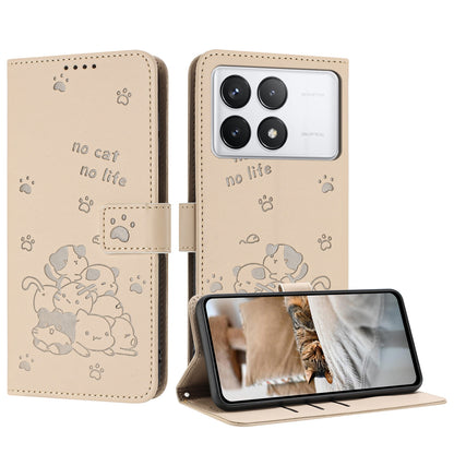 Xiaomi Poco F6 Pro 5G Embossed Kitten PU Leather Wallet Case with Card Slots, Cash Pocket, Kickstand Function, Wrist Lanyard Strap, Full Protective TPU Flip Cover