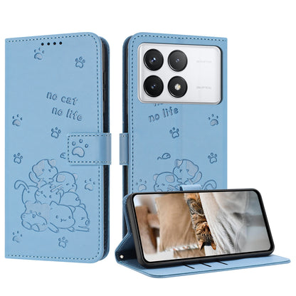 Xiaomi Poco F6 Pro 5G Embossed Kitten PU Leather Wallet Case with Card Slots, Cash Pocket, Kickstand Function, Wrist Lanyard Strap, Full Protective TPU Flip Cover