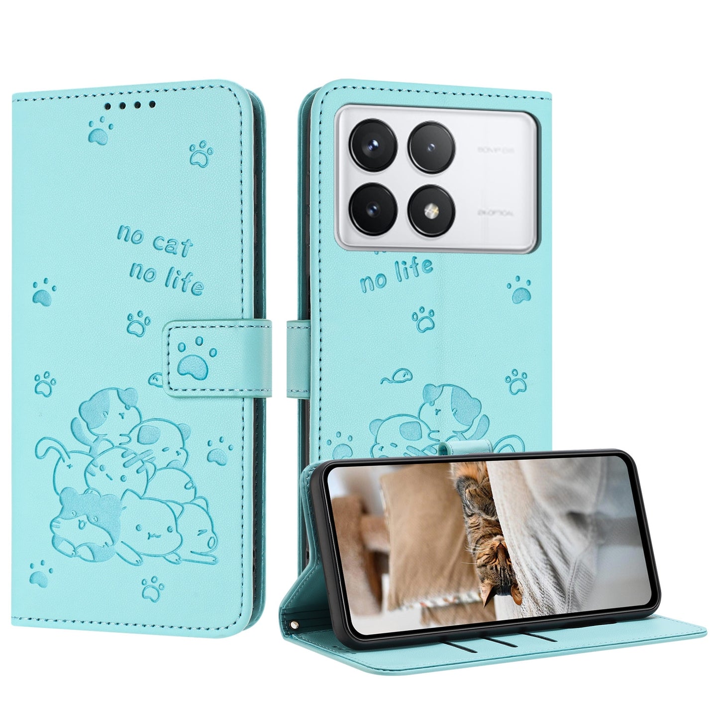 Xiaomi Poco F6 Pro 5G Embossed Kitten PU Leather Wallet Case with Card Slots, Cash Pocket, Kickstand Function, Wrist Lanyard Strap, Full Protective TPU Flip Cover