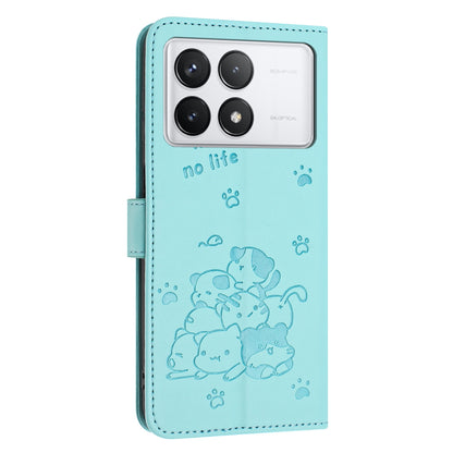 Xiaomi Poco F6 Pro 5G Embossed Kitten PU Leather Wallet Case with Card Slots, Cash Pocket, Kickstand Function, Wrist Lanyard Strap, Full Protective TPU Flip Cover