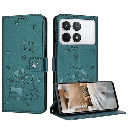 Xiaomi Poco F6 Pro 5G Embossed Kitten PU Leather Wallet Case with Card Slots, Cash Pocket, Kickstand Function, Wrist Lanyard Strap, Full Protective TPU Flip Cover